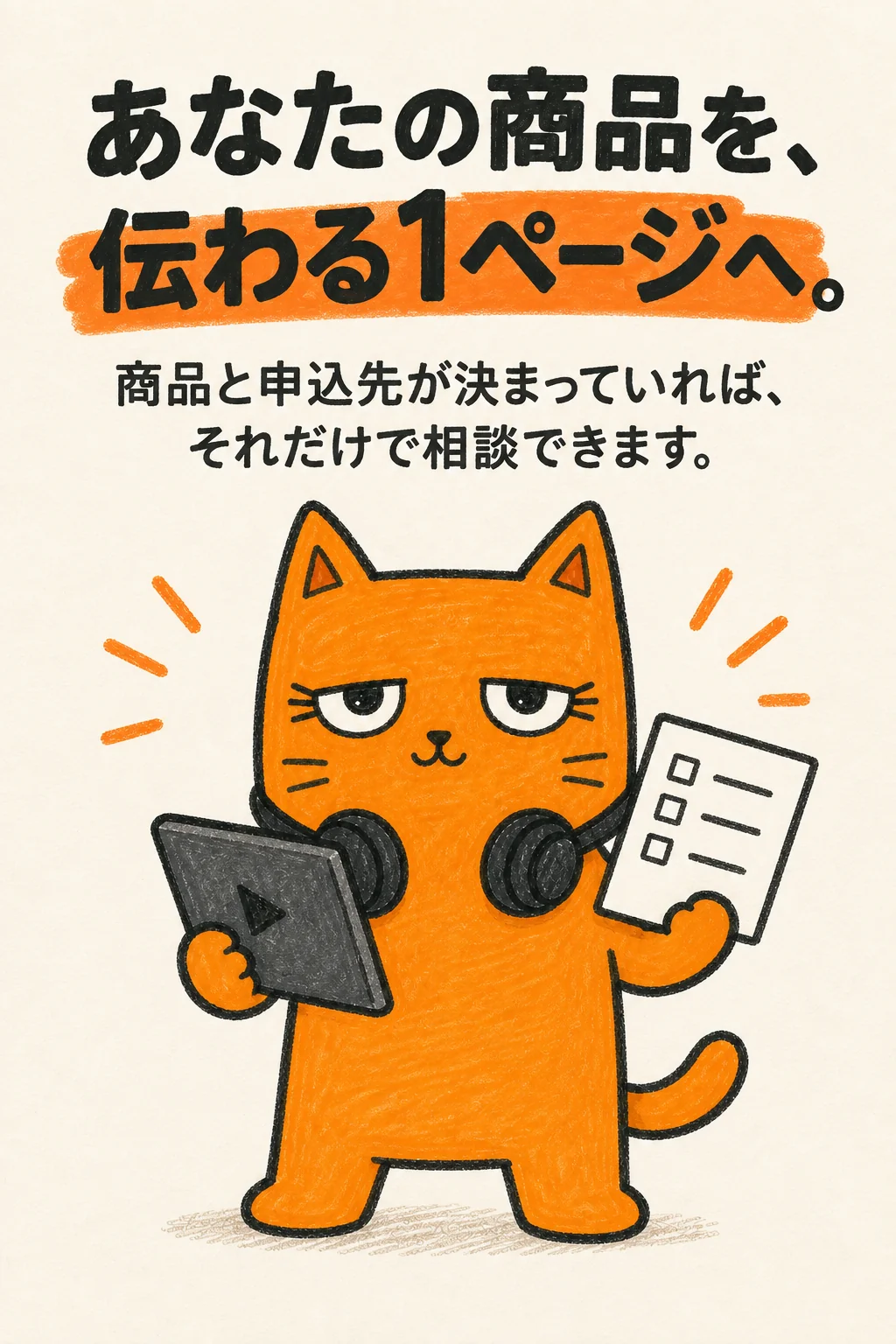 あなたの商品を、伝わる1ページへ。商品と申込先が決まっていれば、それだけで相談できます。