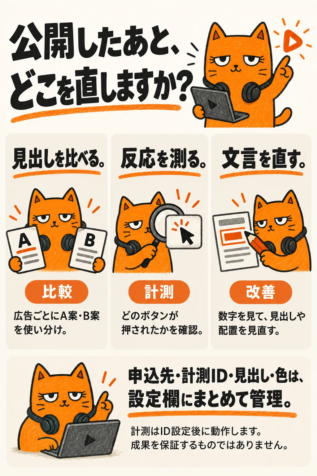 公開したあと、どこを直しますか？ 見出しを比べる。反応を測る。文言を直す。比較：広告ごとにA案・B案を使い分け。計測：どのボタンが押されたかを確認。改善：数字を見て、見出しや配置を見直す。申込先・計測ID・見出し・色は、設定欄にまとめて管理。計測はID設定後に動作します。成果を保証するものではありません。
