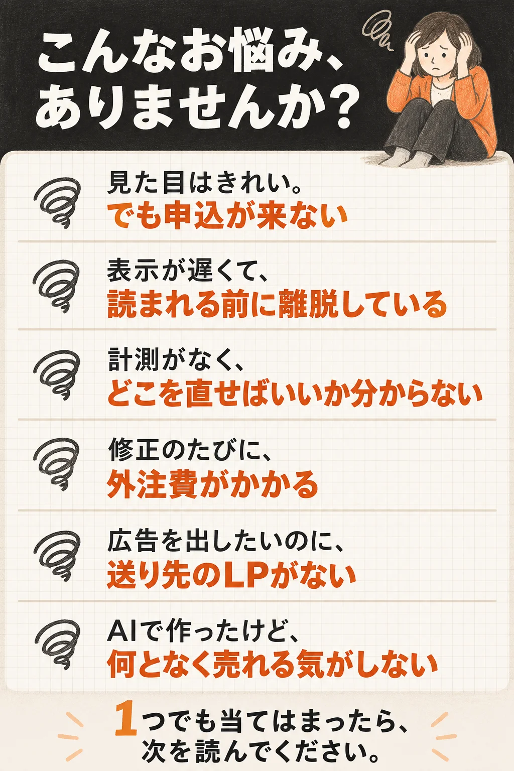 こんなお悩み、ありませんか？ 見た目はきれい。でも申込が来ない。表示が遅くて、読まれる前に離脱している。計測がなく、どこを直せばいいか分からない。修正のたびに、外注費がかかる。広告を出したいのに、送り先のLPがない。AIで作ったけど、何となく売れる気がしない。1つでも当てはまったら、次を読んでください。