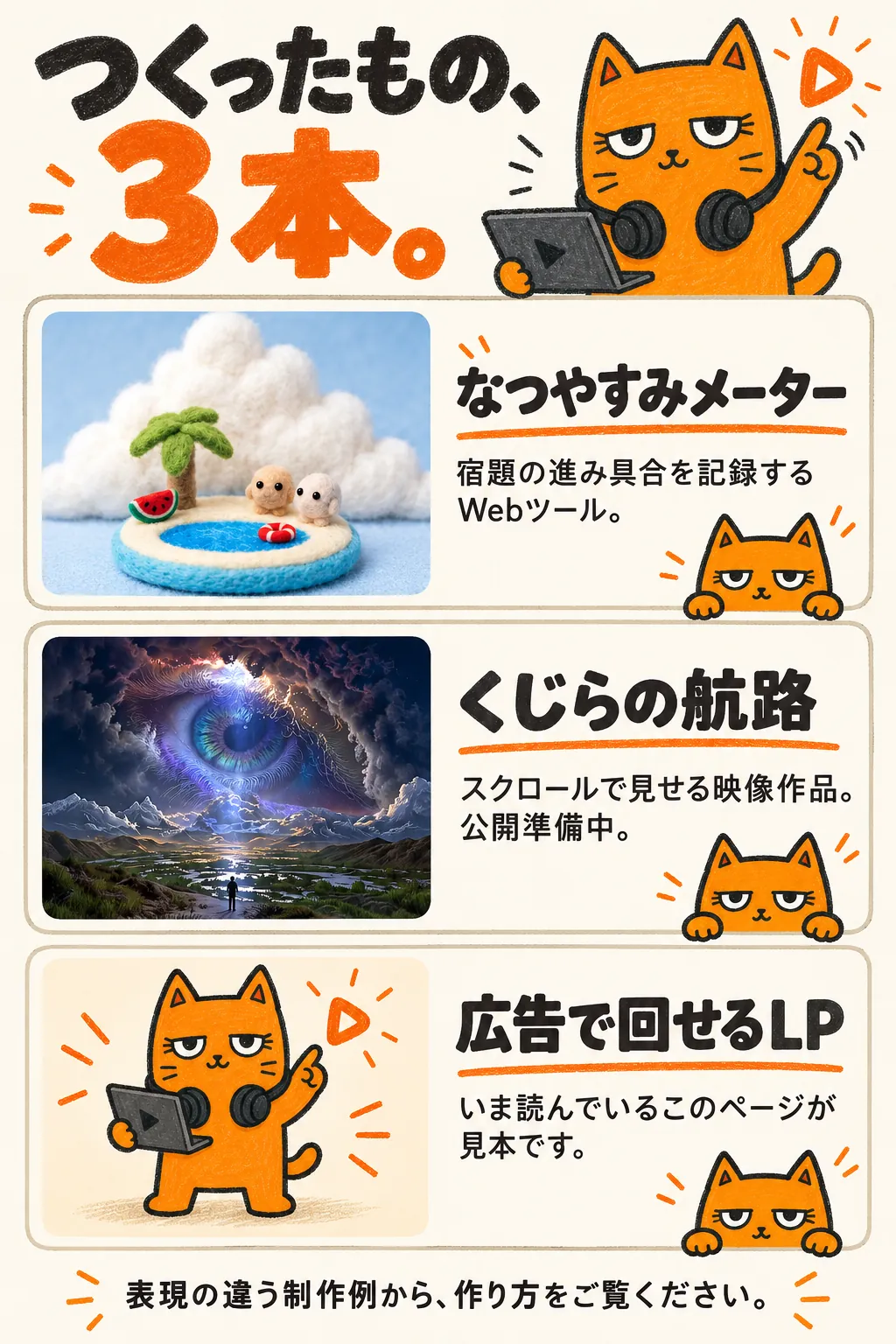 つくったもの、3本。なつやすみメーター：宿題の進み具合を記録するWebツール。くじらの航路：スクロールで見せる映像作品。公開準備中。広告で回せるLP：いま読んでいるこのページが見本です。